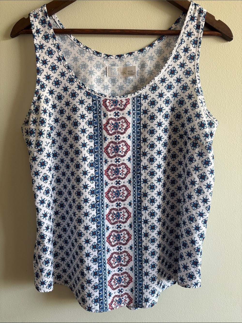 Time and Tru Boho Print Tank Top Medium Blue White Sleeveless